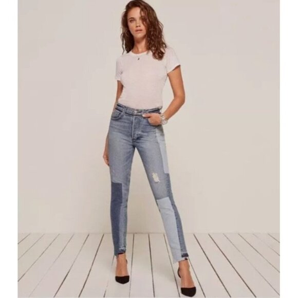 Reformation Skinny Patch Jeans Torres Wash Patchwork High Rise Size 23 - Picture 2 of 13